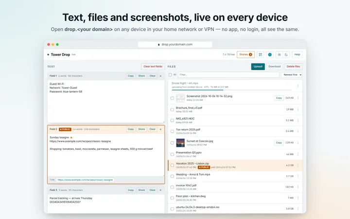 Text, files and screenshots