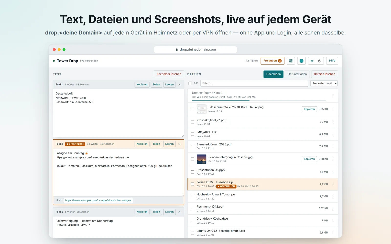 Dropnook in Bildern: Textfelder und Dateien, Teilen ins Internet, was öffentlich ist, die Seite des Empfängers, die Ansicht auf dem Handy, andere Sprachen, hell und dunkel, fünf Farben, Benutzer mit eigenem Bereich